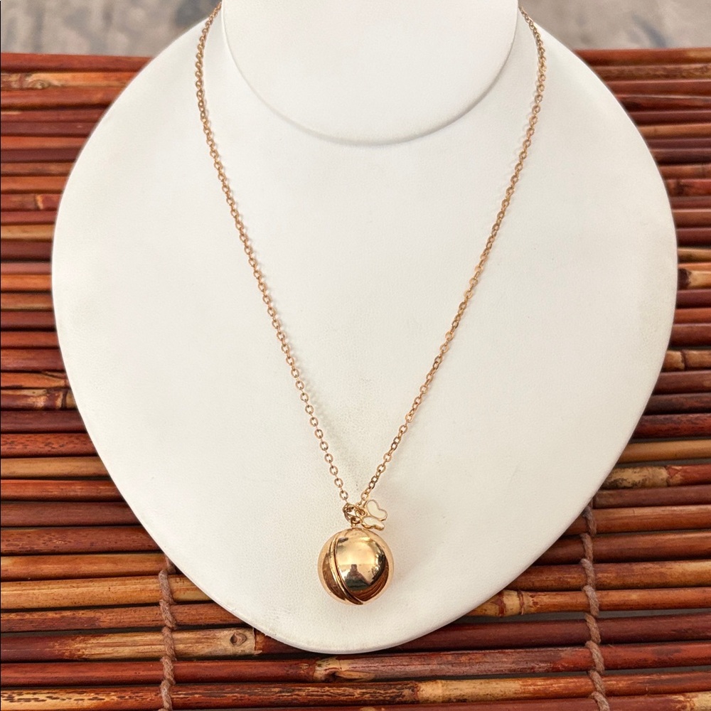 Chic Gold Tone Spherical Locket Necklace 24” with Butterfly Accent